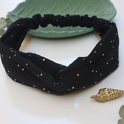 Headband / bandeau twisté noir à pois doré