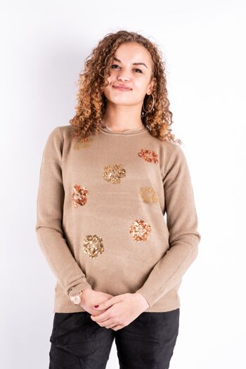 Pull camel à motif fleuri sequins 1