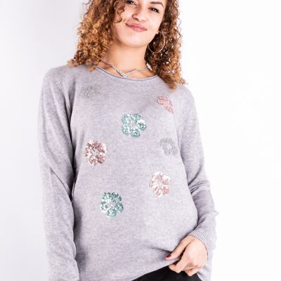 Grauer Pullover mit Pailletten-Blumenmuster