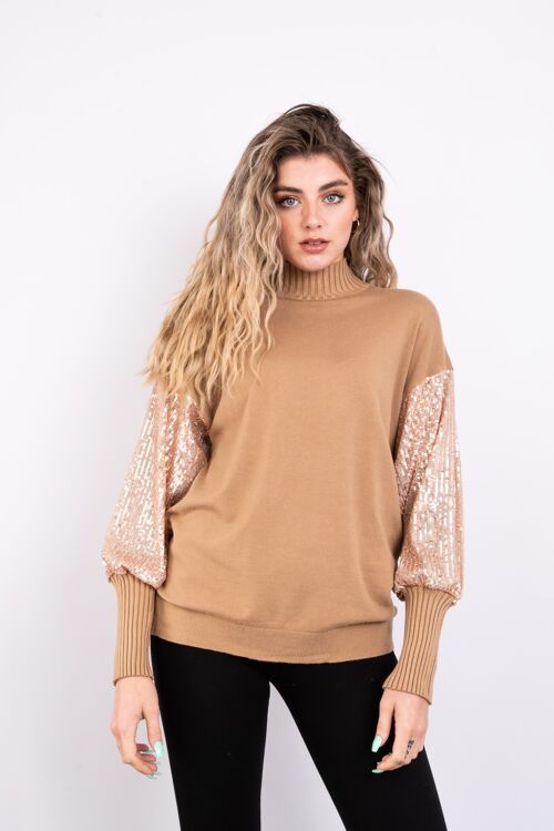 Camel sequin sleeve top with fitted cuffs