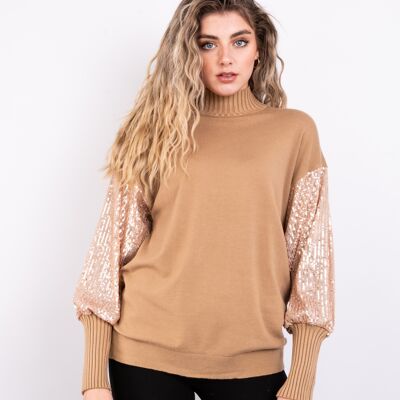 Camel sequin sleeve top with fitted cuffs
