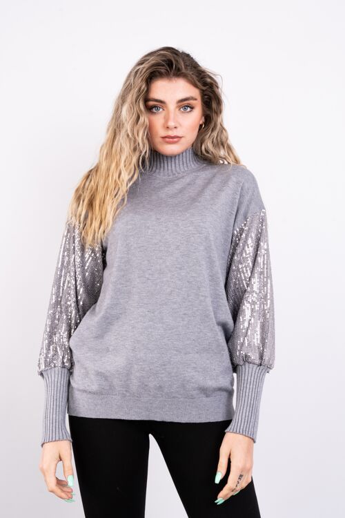 Grey sequin sleeve top with fitted cuffs