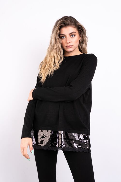 Black soft knit top with matching colour sequins