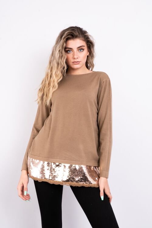 Camel soft knit top with matching colour sequins