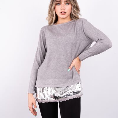 Grey soft knit top with matching colour sequins