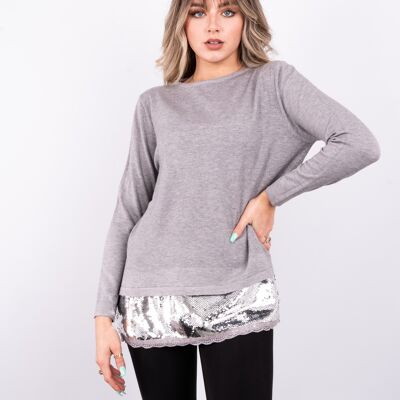 Top en maille douce grise avec des paillettes de couleur assortie