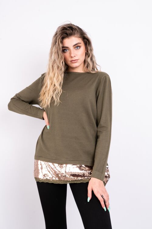 Khaki soft knit top with matching colour sequins