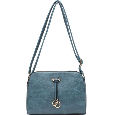 Automne Femmes 3 compartiments sac à bandoulière Ring Charm sac à bandoulière en cuir PU végétalien Multi poches sac à main longue sangle-A36184-DSm bleu