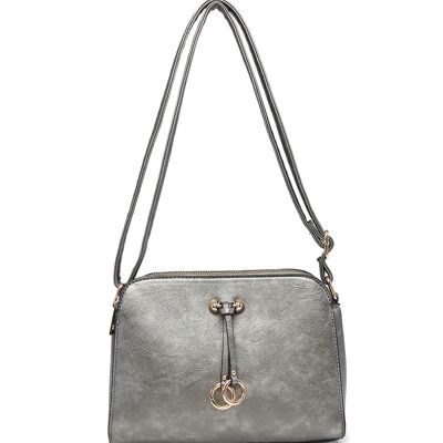 Herbst Damen 3 Fächer Umhängetasche Ring Charm Umhängetasche veganes PU-Leder Multi Taschen Handtasche langer Riemen-A36184-DSm Silber