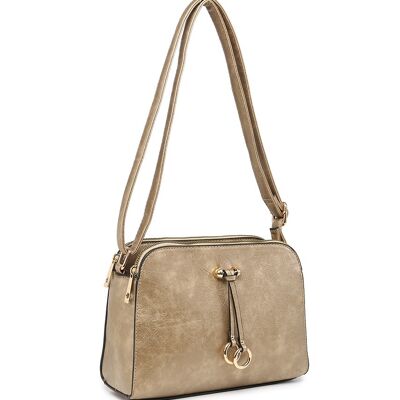 Bolso bandolera de 3 compartimentos para mujer de otoño, bolso de hombro con abalorio de anillo, cuero vegano de PU, bolso con múltiples bolsillos, correa larga-A36184-DSm dorado