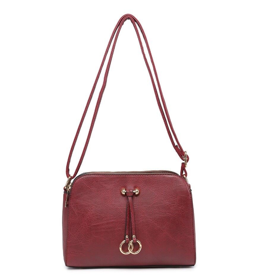 Otoño Mujer 3 compartimentos bandolera Ring Charm bandolera vegan PU cuero Multibolsillos bolso correa larga-A36184-DSm rojo vino