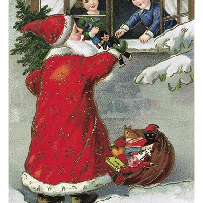 Postkarte Weihnachtsmann und Kinder