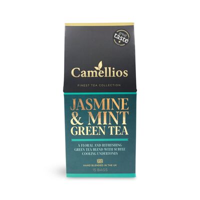 Thé vert au jasmin et à la menthe, 15 sachets de thé pyramidaux, respectueux de l'environnement