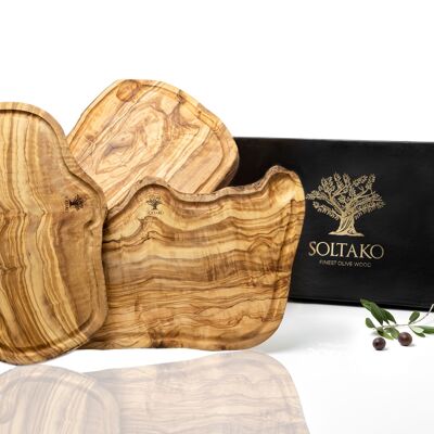 OLIVE WOOD CUTTING BOARD / SERVING BOARD WITH JUICE GRILL SET OF 3 "CÔTE D'AZUR" / Size M, L and XL