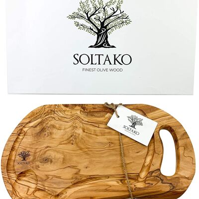 OLIVE WOOD CUTTING BOARD / SERVING BOARD WITH JUICE GRILL AND HANDLE "CARTHAGE" / 40 - 43 cm length