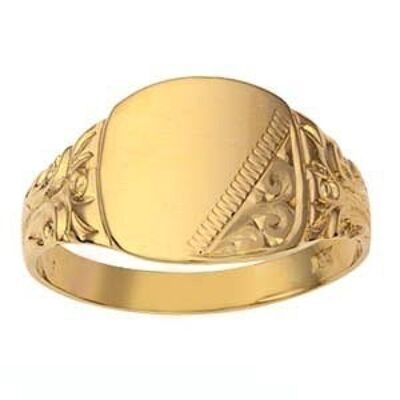 9ct Gold 12x12mm hand engraved cushion gents Signet Ring Size R