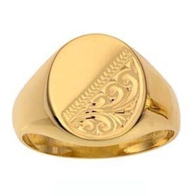 9ct Gold 15x12mm gents engraved oval Signet Ring Size V