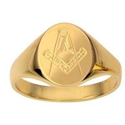 9ct Gold 14x11mm gents Masonic engraved oval Signet Ring Size S