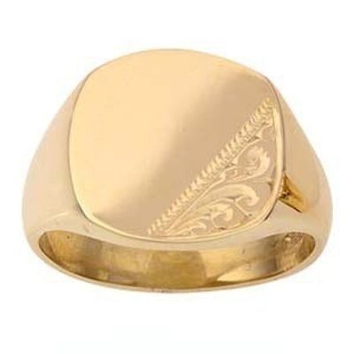 9ct Gold 12x11mm hand engraved cushion gents Signet Ring Size T