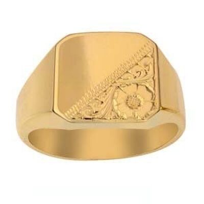 9ct Gold 15x15mm hand engraved cushion gents Signet Ring Size R