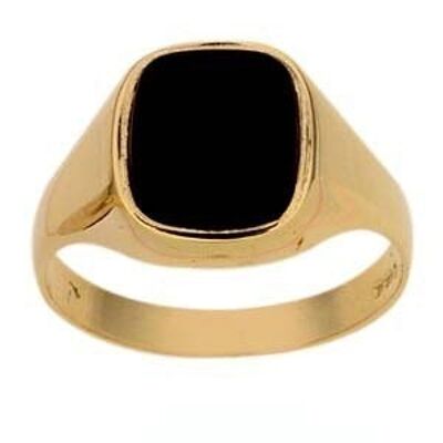 9ct Gold 12x10mm gents Onyx set cushion Signet Ring Size V #1325