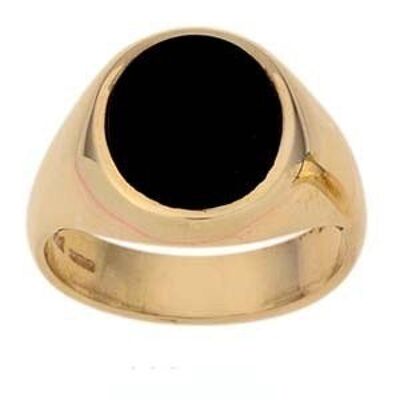 9ct Gold 14x12mm gents Onyx set oval Signet Ring Size Y