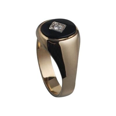 9ct Gold 13x11mm onyx & CZ oval gents Signet Ring Size V
