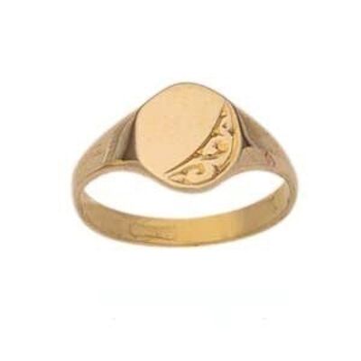 9ct Gold 6x5mm hand engraved oval ladies or babies Ring Size A