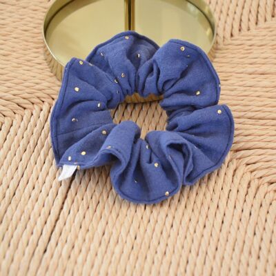 blue scrunchie with golden polka dots
