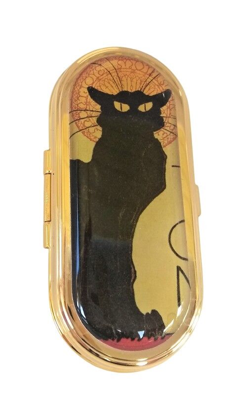 Luxury exclusive lipstickholder mirror, goldplated, with black cat from Paris Steinlen