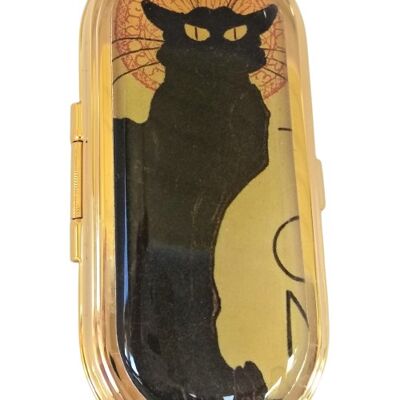 Specchio porta rossetto esclusivo di lusso, placcato in oro, con gatto nero di Paris Steinlen