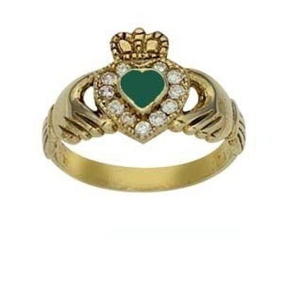9ct Gold 13mm Green Agate & CZ set ladies Claddagh Ring Size J