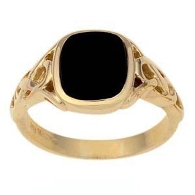 9ct Gold Onyx set celtic shoulders cushion Signet Ring Size T