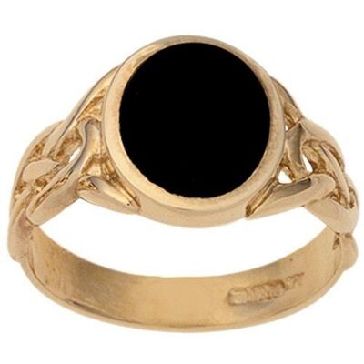 9ct Gold 14x12mm Onyx set celtic shoulders oval Signet Ring Size W