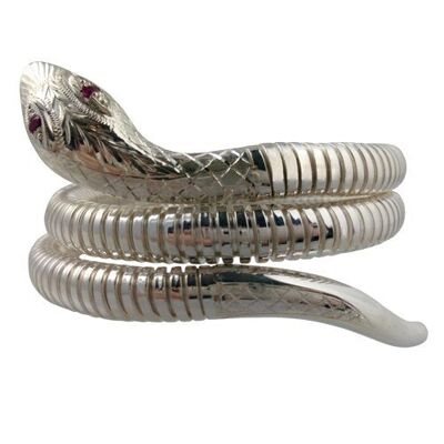 Silver double coil Snake Bracelet with Ruby set eyes