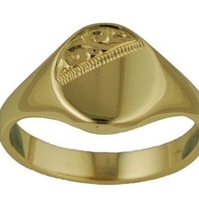 9ct Gold 11x10mm solid hand engraved oval Signet Ring Size L