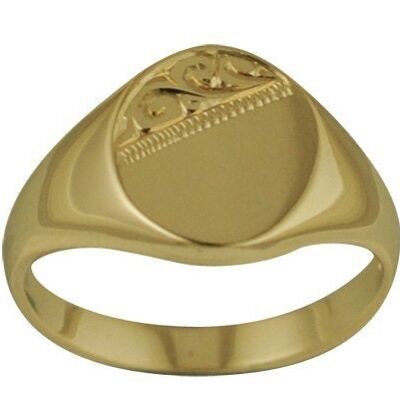 9ct Gold 12x12mm solid hand engraved oval Signet Ring Size J