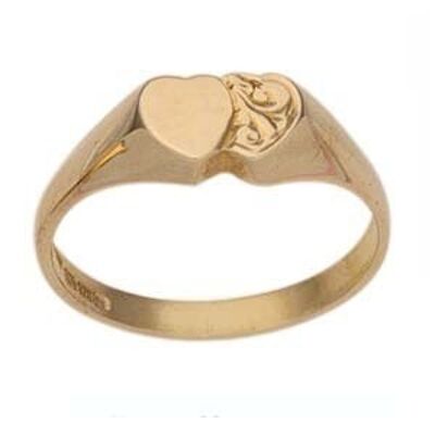 9ct Gold double heart hand engraved Signet Ring Size K