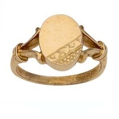 9ct Gold hand engraved oval split shoulders Signet Ring Size Y