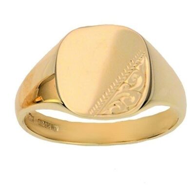 9ct Gold 12x12mm solid hand engraved cushion Gents Signet Ring Size R