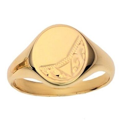 9ct Gold 14x12mm solid hand engraved oval Signet Ring Size R #Q60NE2