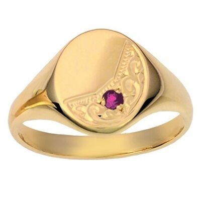 9ct Gold 14x12mm solid hand engraved oval garnet set Signet Ring Size R