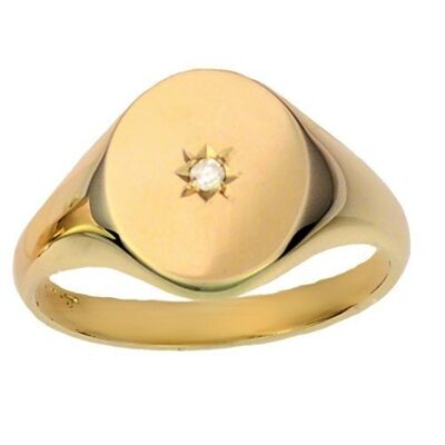 9ct Gold 14x12mm solid plain oval 3pts diamond set Signet Ring Size R