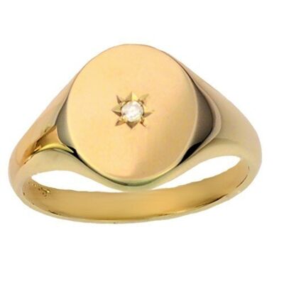 9ct Gold 14x12mm solid plain oval 3pts diamond set Signet Ring Size S