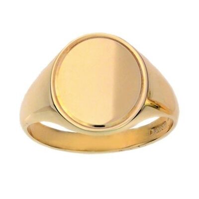 9ct Gold 15x13mm solid engine turned line border oval Signet Ring Size R
