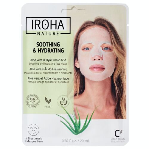 Mascarilla Facial RECONFORTANTE e HIDRATANTE con Aloe Vera y Ácido Hialurónico - Tejido 100% Biodegradable - IROHA NATURE