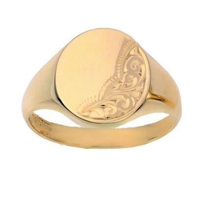 9ct Gold 15x15mm solid hand engraved oval Signet Ring Size V
