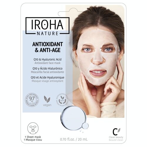 Mascarilla Facial ANTIOXIDANTE y ANTIEDAD con Q10 y Ácido Hialurónico - Tejido 100% Biodegradable - IROHA NATURE