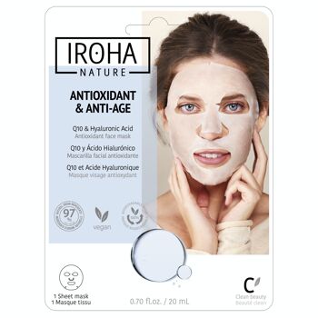 Masque facial ANTIOXYDANT et ANTI-ÂGE au Q10 et à l'acide hyaluronique - Tissu 100% biodégradable - IROHA NATURE 1