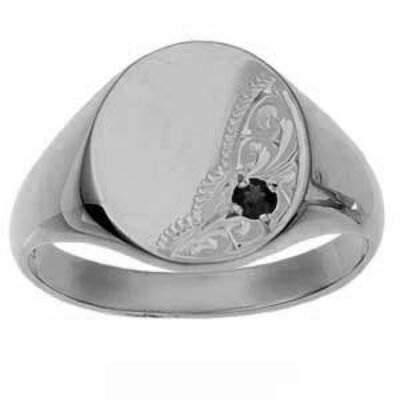 Silver 15x13mm solid hand engraved garnet set solid oval Signet Ring Size V